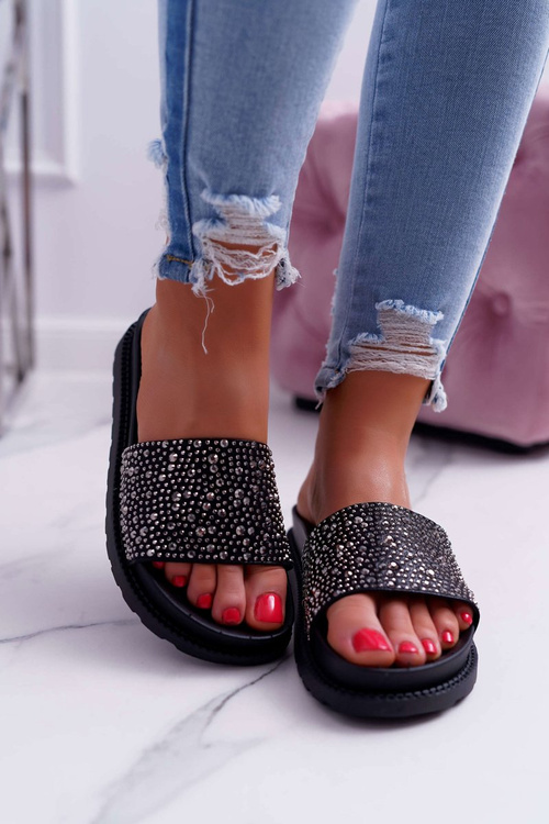 Klapki Damskie Z Cyrkoniami Czarne XTI 48821