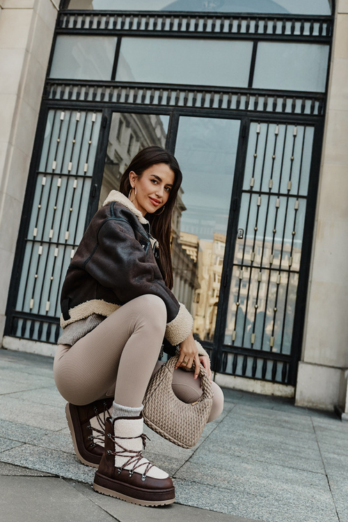 Śniegowce Damskie Na Platformie Z Wiązaniem Brązowe Riaviana