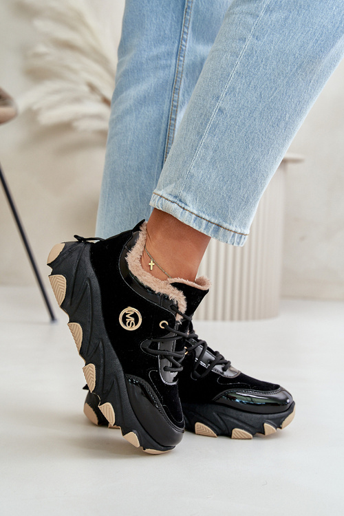 Damskie Buty Sportowe Sznurowane Ocieplane Na Platformie Czarne Verioras