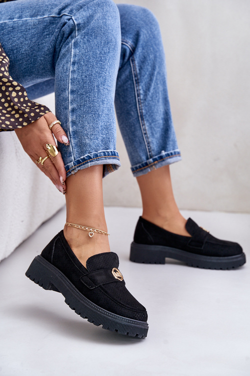 Damskie Półbuty Mokasyny Ze Złotym Detalem Czarne Arilva