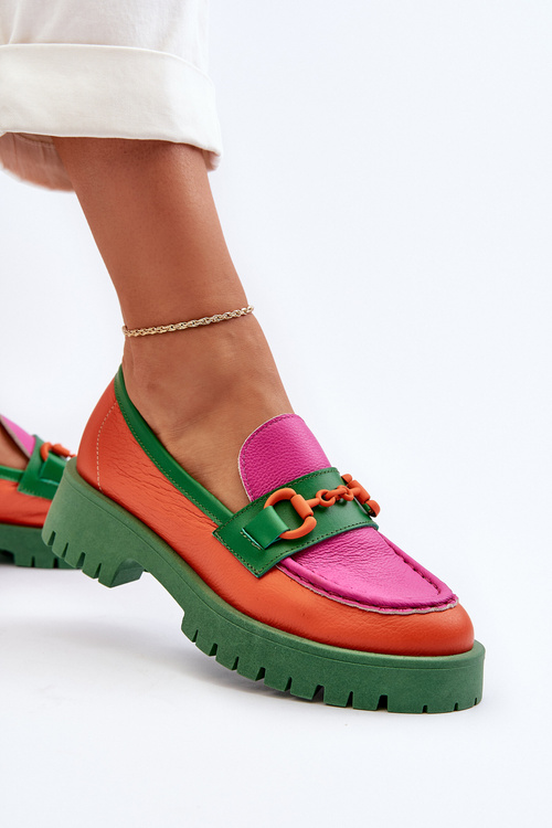 Mokasyny Skórzane Damskie Z Ozdobą CheBello 4444 Pomarańczowe