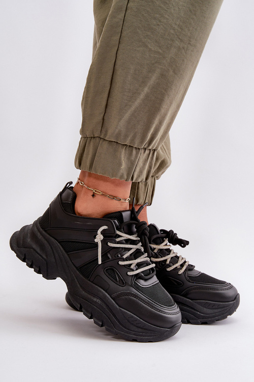 Sneakersy Damskie Na Masywnej Podeszwie Z Ozdobnym Sznurowaniem Czarne Relissa