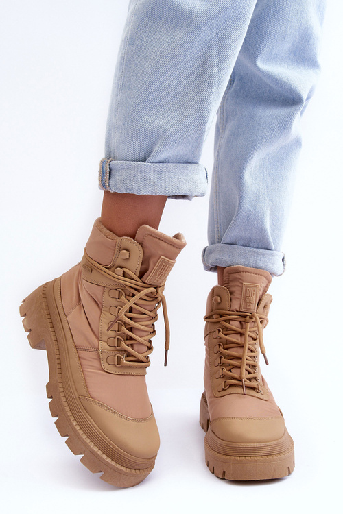 Damskie Trapery Botki Ocieplane Na Platformie I Płaskim Obcasie Big Star MM274340 Beżowe