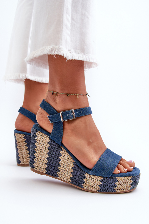 Jeansowe Sandały Damskie Na Koturnie Z Plecionką Niebieskie Reviala