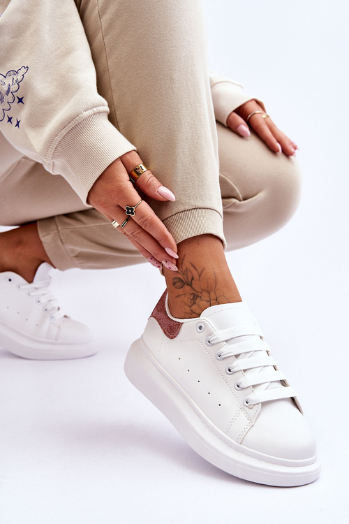 Damskie Buty Sportowe Na Platformie Brokatowe Biało-Różowe Eliso