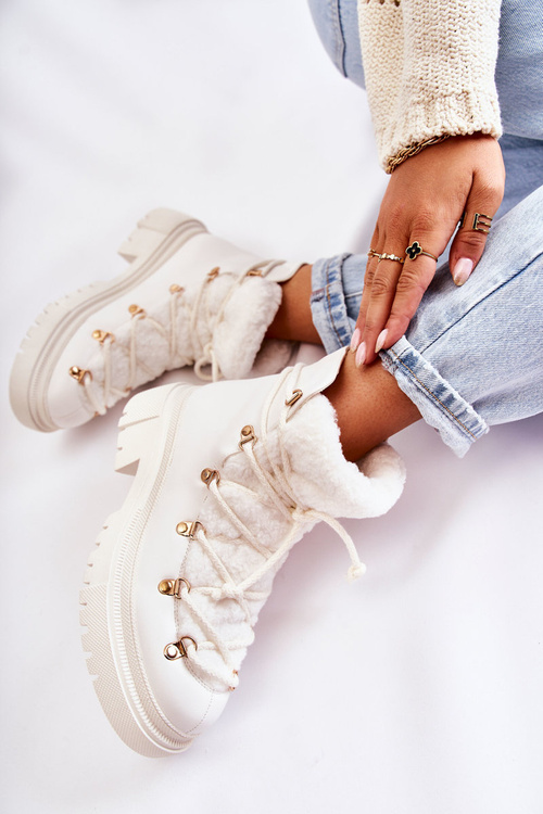 Skórzane Ocieplane Botki Trapery Białe Arisa