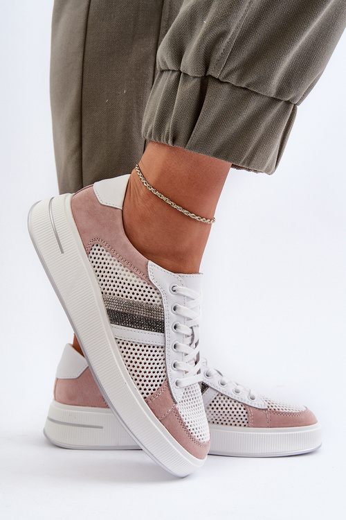 Sneakersy Skórzane Damskie D&A LR110 Biało-Różowe