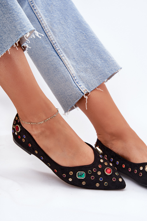 Baleriny Damskie Zdobione Kryształkami Czarne Valena