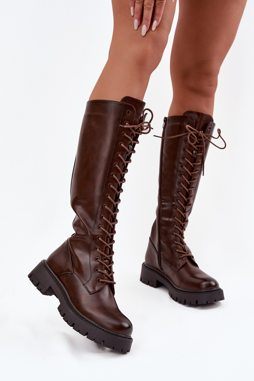 Ocieplane Sznurowane Kozaki Damskie Czekoladowe Meliora