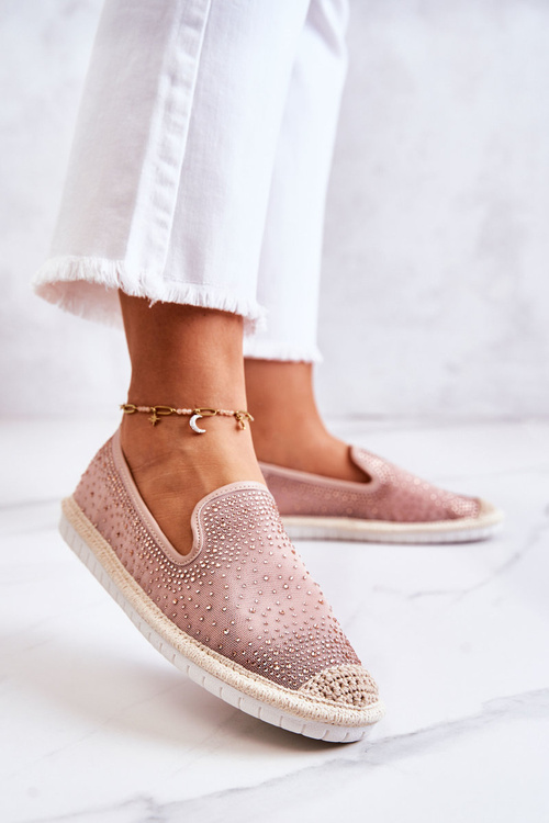 Damskie Materiałowe Espadryle Z Cyrkoniami Różowe Deimos