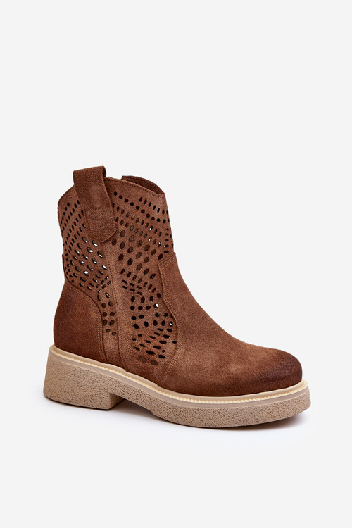 Zazoo 3470 Zamszowe Botki Damskie Na Płaskim Obcasie Ażurowe Brązowe