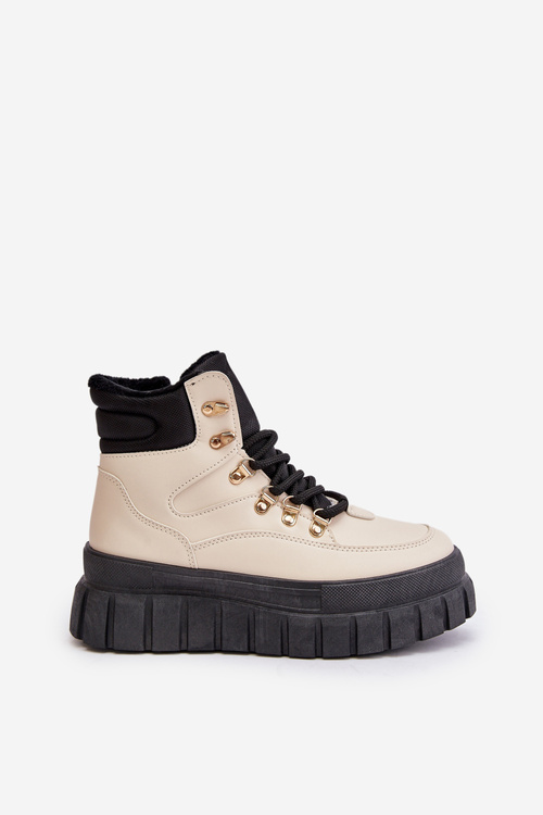 Damskie Ocieplane Botki Trapery Na Platformie Beżowe Jelenia
