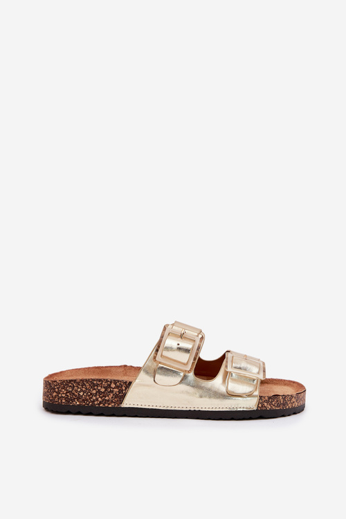 Klapki Damskie Z Klamrami Na Korkowej Podeszwie Złote Sercele