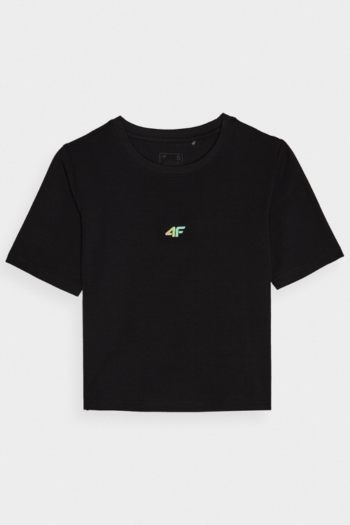 Damski Bawełniany T-shirt Slim Cropped 4F 4FWAW24TTSHF1701-20S Czarna