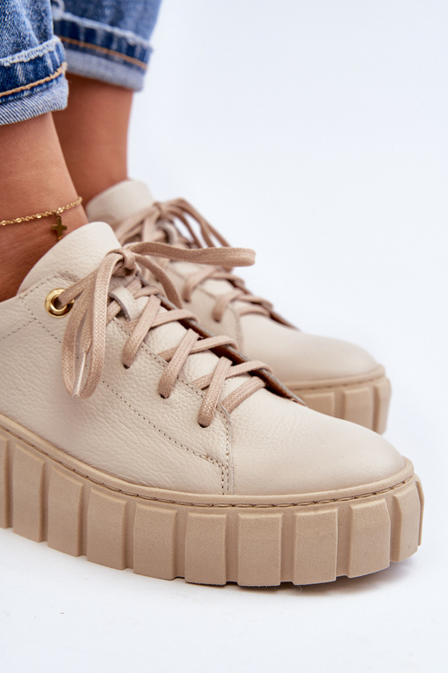 Zazoo 2919 Damskie Skórzane Półbuty Na Grubej Podeszwie Beżowe