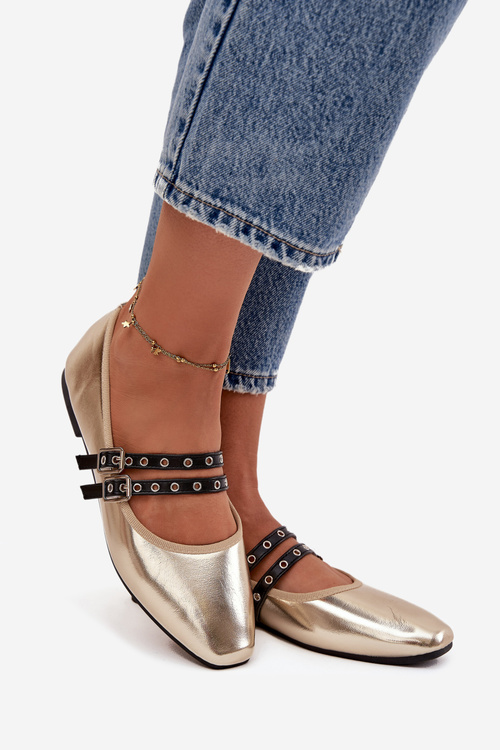 Baleriny Damskie Z Paskami Złote Deliora