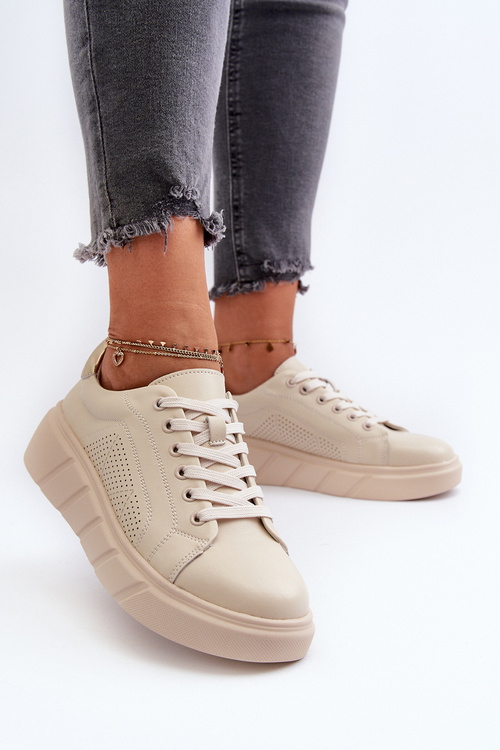 Damskie Skórzane Sneakersy Na Platformie Beżowe Gatira