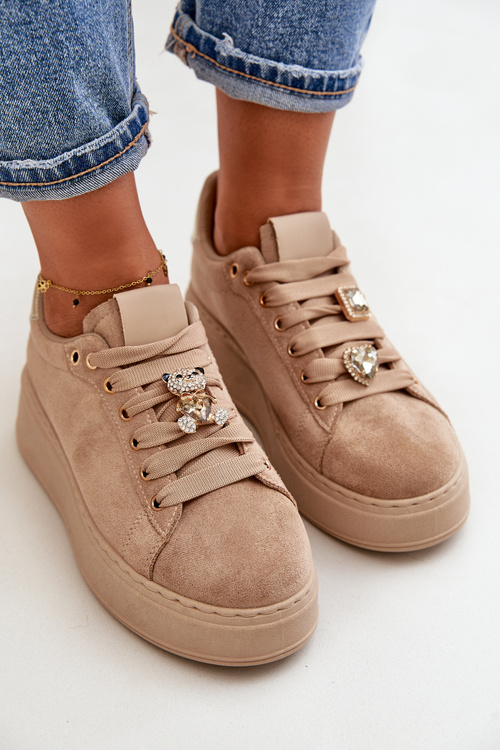 Sneakersy Damskie Na Platformie Z Misiem Beżowe Vailina