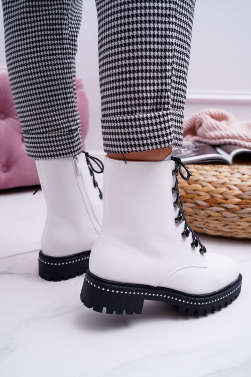 Botki Damskie Płaski Obcas Wysokie Glany Białe Buena