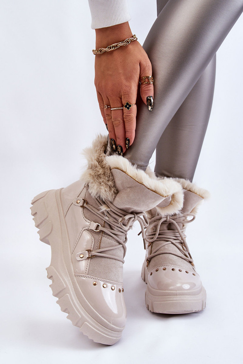 Damskie Botki Z Futerkiem Sznurowane Jasnobeżowe Merron