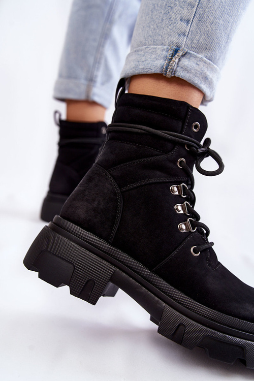 Skórzane Ocieplane Botki Sznurowane Czarne Merisha