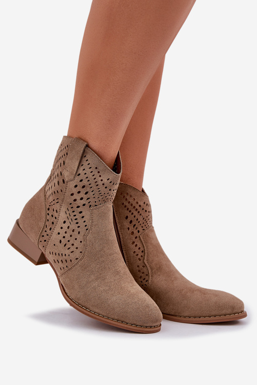 Ażurowe Damskie Botki Na Niskim Obcasie Beżowe Neliawen