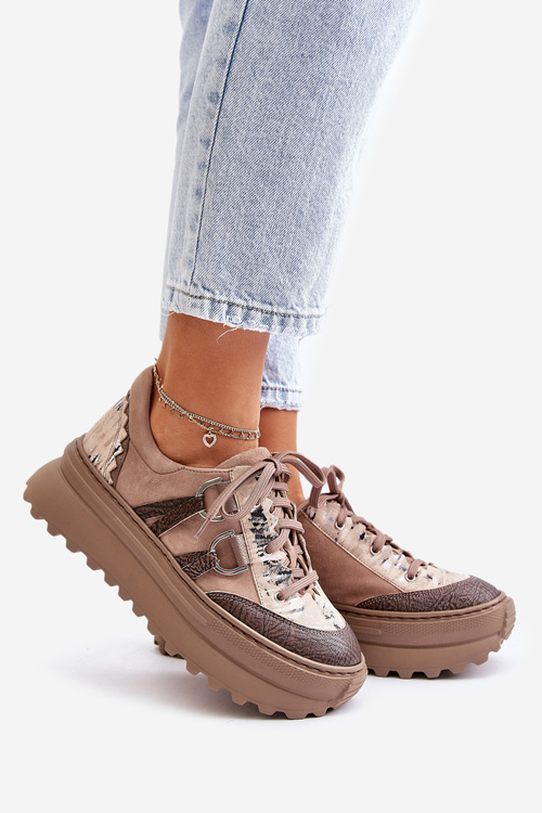 Skórzane Sneakersy Damskie Na Platformie Maciejka 06562-10 Ciemnobeżowe