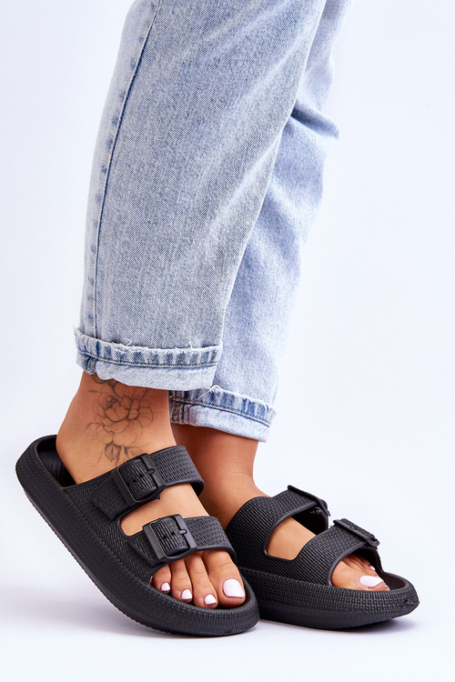 Damskie Piankowe Klapki Z Paskami Czarne Sharmen