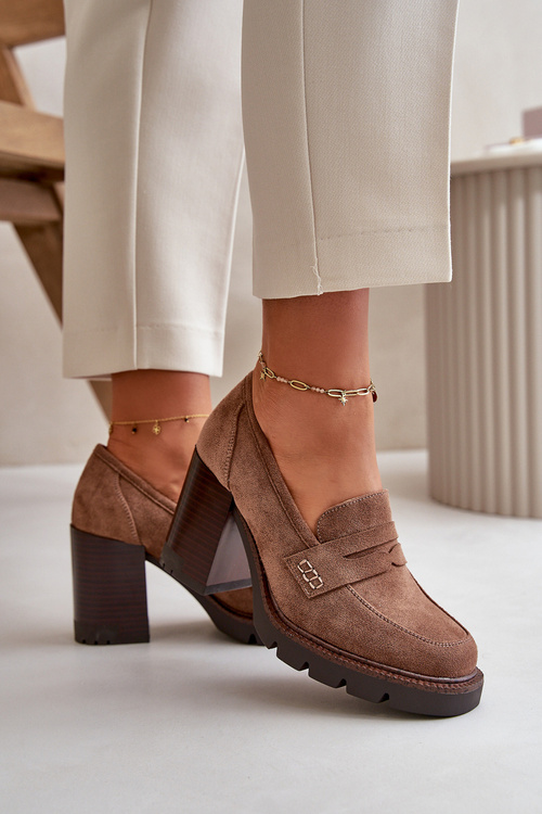 Półbuty Damskie Na Obcasie Słupku Z Eko Zamszu Brązowe Vinceza 58105