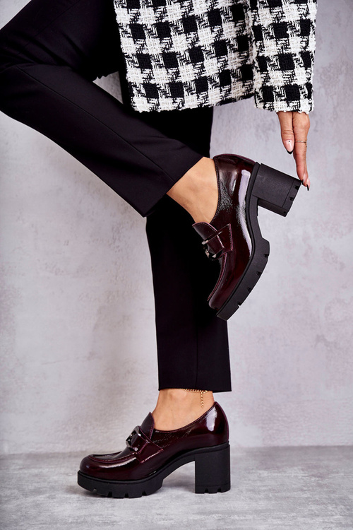 Eleganckie Półbuty Na Słupku Ze Srebrną Ozdobą Bordowe Harmell