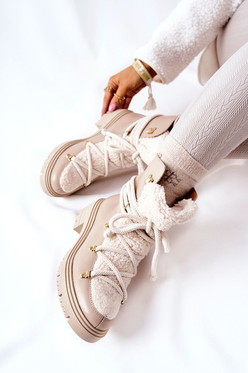 Skórzane Botki Trapery Wiązane Lewski Jasnobeżowe 3116