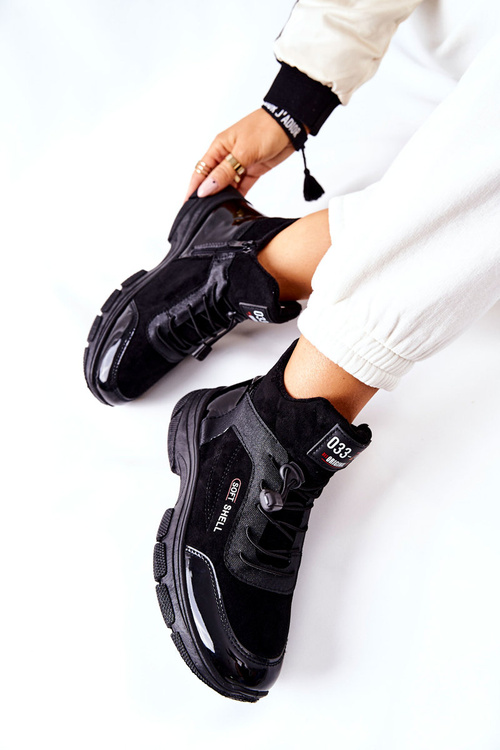 Wysokie Skórzane Ocieplane Buty Sportowe Czarne Merit