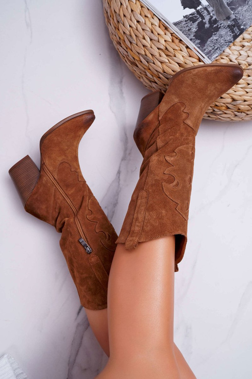 Kozaki Damskie Na Słupku Kowbojki Camel Brunt