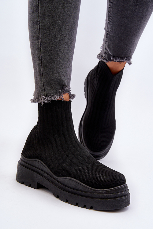 Skarpetkowe Botki Na Masywnej Podeszwie Wsuwane Damskie Czarne Elipara