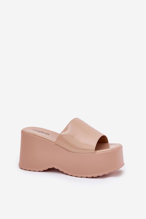 Lakierowane Klapki Damskie Na Platformie I Koturnie Beżowe Nellevia