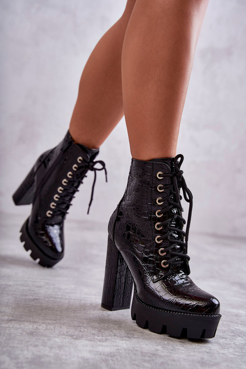 Skórzane Wężowe Botki Na Wysokim Obcasie Czarne Madly