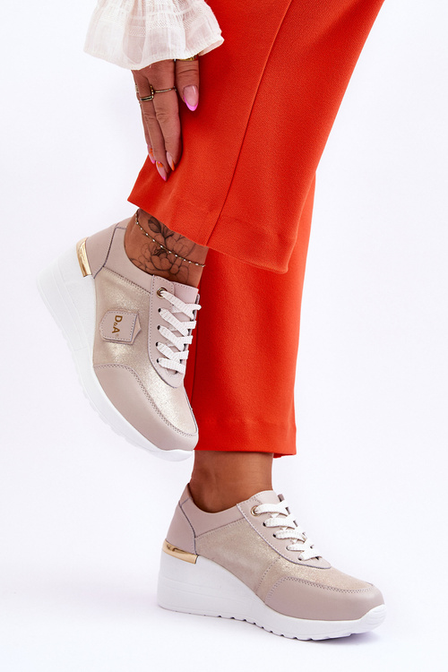 Damskie Skórzane Sneakersy Na Koturnie Złote Beatris