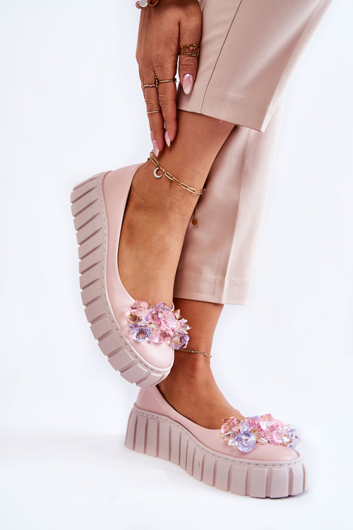 Skórzane Baleriny Na Platformie Z Kolorową Ozdobą Różowe Ladette