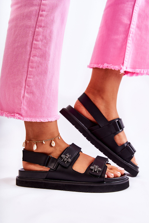 Damskie Skórzane Sandały Z Ozdobą Czarne Elly