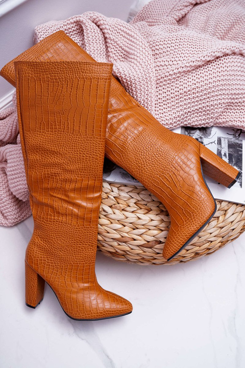 Kozaki Damskie Na Słupku Skóra Węża Camel Aduan