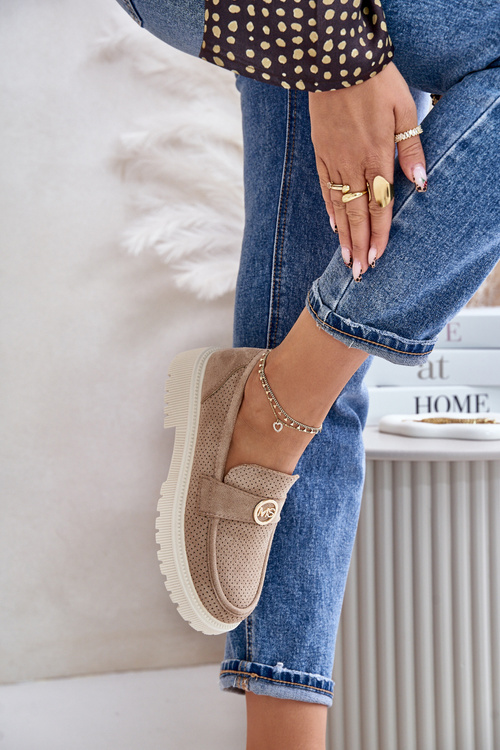 Damskie Półbuty Mokasyny Ze Złotym Detalem Khaki Arilva