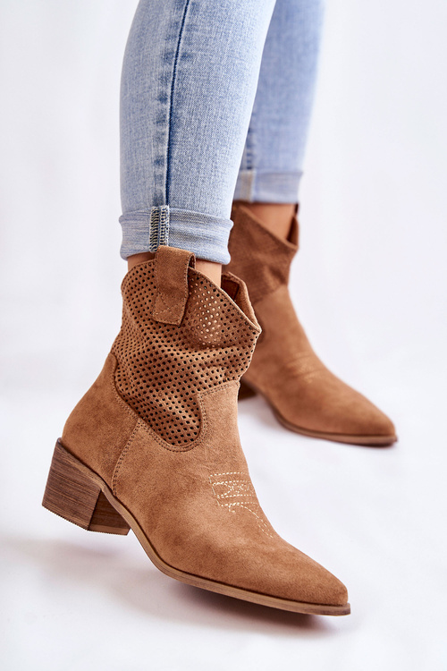 Zamszowe Ażurowe Botki Kowbojki Z Przeszyciem Camel Elvire