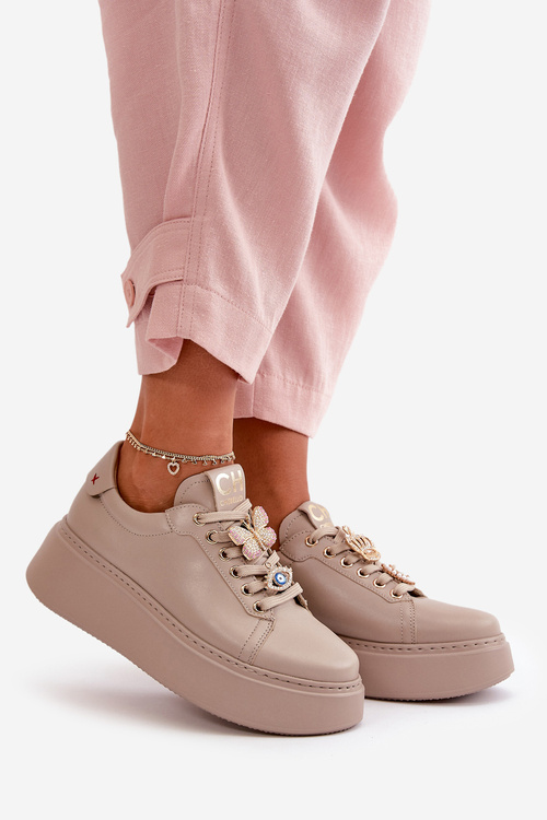 Damskie Skórzane Sneakersy Na Platformie Z Ozdobami CheBello 4585 Beżowe