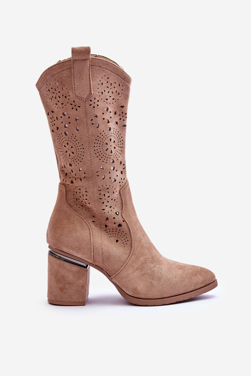 Damskie Zamszowe Ażurowe Kozaki Beżowe Adelia