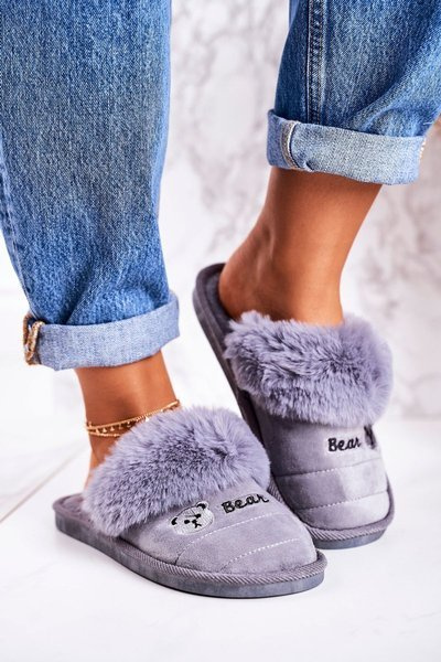 Damskie Klapki Papcie Z Futerkiem Szare Teddy