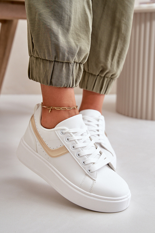 Trampki Sneakersy Damskie Na Platformie Z Eko Skóry Biało-Złote Brennessa