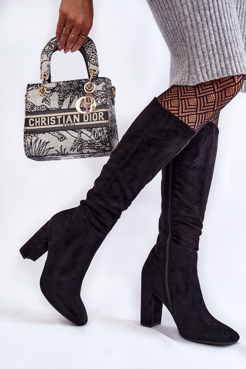 Ocieplane Zamszowe Kozaki Na Słupku Czarne Obsessive