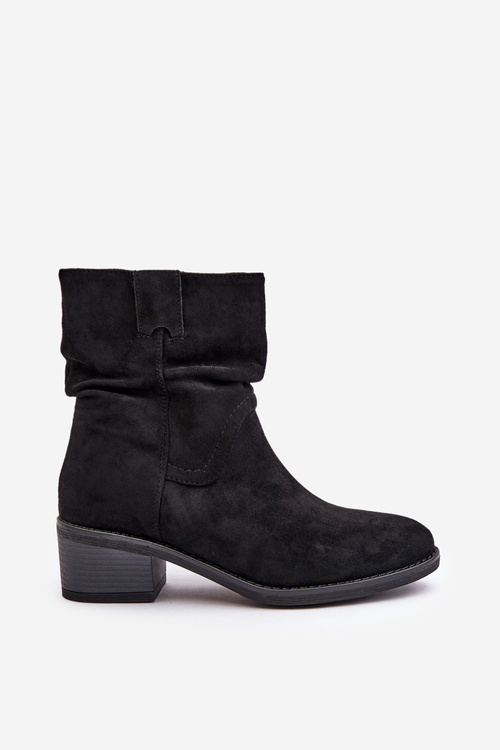 Ocieplane Botki Damskie Z Marszczoną Cholewką Na Niskim Obcasie Czarne Zinanya