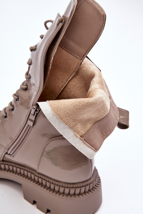 Lakierowane Damskie Botki Workery Sznurowane Ciemnobeżowe S.Barski MR870-72