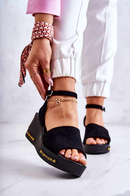 Damskie Zamszowe Sandały Na Koturnie Czarne Cortena